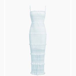 Light Blue Midi ruffle dress. Brand New. Never worn. Size medium.